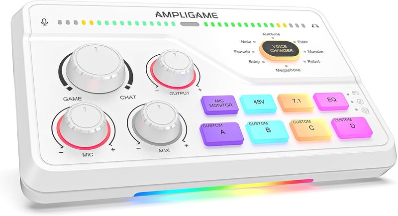 FIFINE خلاط صوتي للألعاب مع صوت محيطي 7.1 قناة - زر التحكم في الصوت - كتم الصوت - دردشة صوتية، خلاط كمبيوتر RGB مع واجهة ميكروفون XLR متوافق مع التلفاز للبث المباشر - AmpliGame SC8W - Image 1